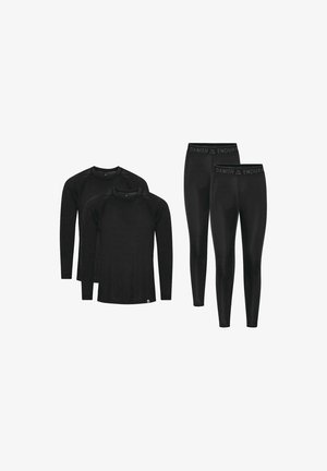 Due paia di leggings termici neri e due top termici a manica lunga neri, tutti con fascia in vita e etichette brandizzate.