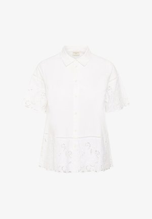 Blusa bianca a maniche corte con bottoni e colletto, caratterizzata da ricami a occhiello sulle maniche e sull'orlo, con bordo inferiore smerlato.