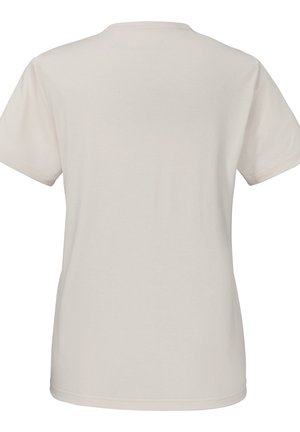 Light beige t-shirt with a round neckline and short sleeves. Fabric appears smooth with a slight texture. No visible patterns or accents.