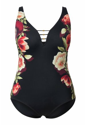 Musta yksiosainen uimapuku, jossa syvä V-aukko, kultainen kolminkertainen olkahihnan yksityiskohta ja punaisia, vaaleanpunaisia sekä kermaisia kukkakuvioita sivuilla.