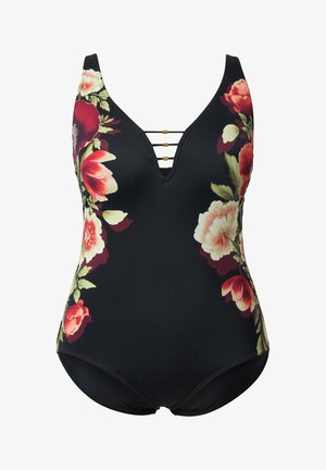 Zwart badpak met diepe V-hals, goudkleurige drievoudige bandjesdetail en rode, roze en crèmekleurige bloemenprints aan de zijkanten.