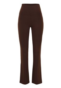 Pantalon extensible marron foncé taille haute avec jambes évasées et ceinture lisse, conçu pour un look ajusté et confortable.