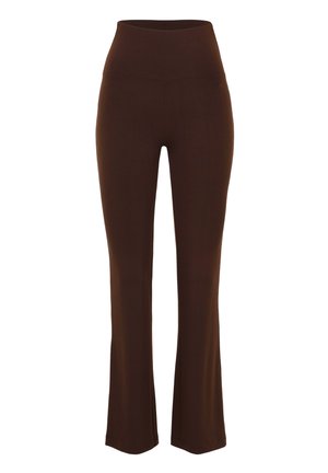 Pantalon extensible marron foncé taille haute avec jambes évasées et ceinture lisse, conçu pour un look ajusté et confortable.