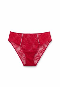 Red lace underwear with floral pattern, sheer panels, and silver accents at the waistband. Soft texture, feminine design, full coverage.