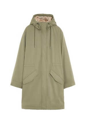 Olive green parka with a hood, featuring two side pockets, a drawstring neck, and a soft beige interior lining. Smooth fabric texture.