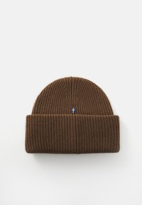 Brown ribbed knit beanie with a folded brim and a small Swedish flag tag on the front center against a white background.
