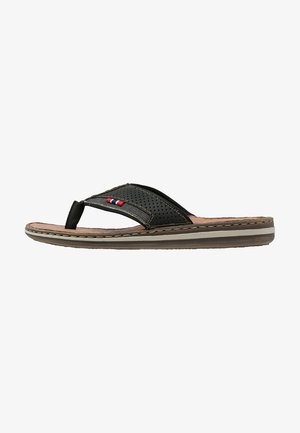 Black flip-flop sandal with perforated upper, contrasting stitching, and red, white, blue accents. Brown sole with a slight curve.