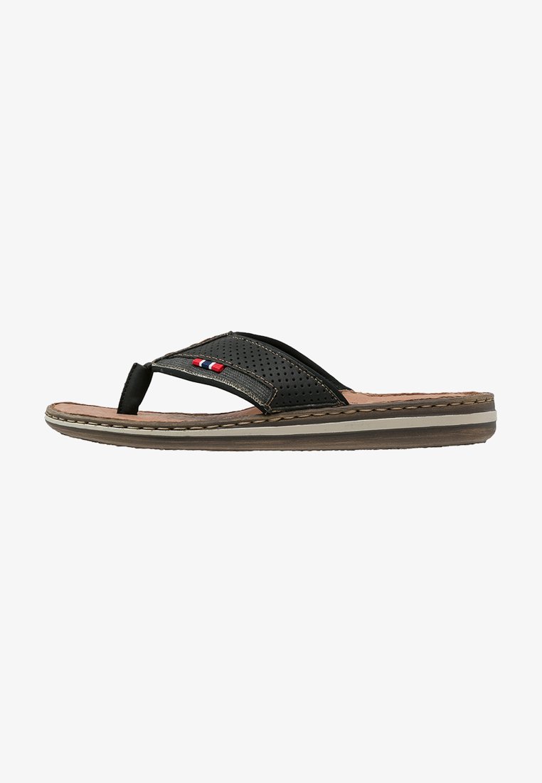 Black flip-flop sandal with perforated upper, contrasting stitching, and red, white, blue accents. Brown sole with a slight curve.