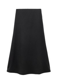 Jupe A-line noire avec une texture lisse, de conception mi-mollet et un ourlet simple, fabriquée en tissu doux et extensible. Sans fermetures visibles.