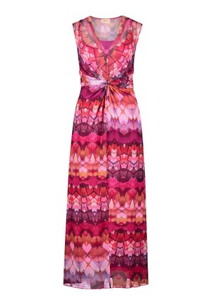 Maxikleid aus durchsichtigem Stoff mit V-Ausschnitt, ärmellosem Design und Knotendetail an der Taille. Farbiger geometrischer Print in Rosa- und Orangetönen.
