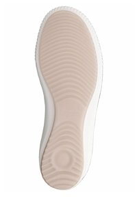 Sohle eines weißen Sneakers, mit einer strukturierten, hellrosa GummOberfläche, die Rillen und ein kreisförmiges Detail in der Mitte aufweist.