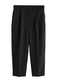 Pantalon noir avec une coupe ajustée, des plis et des poches latérales. Confectionné dans un tissu lisse avec une coupe droite.