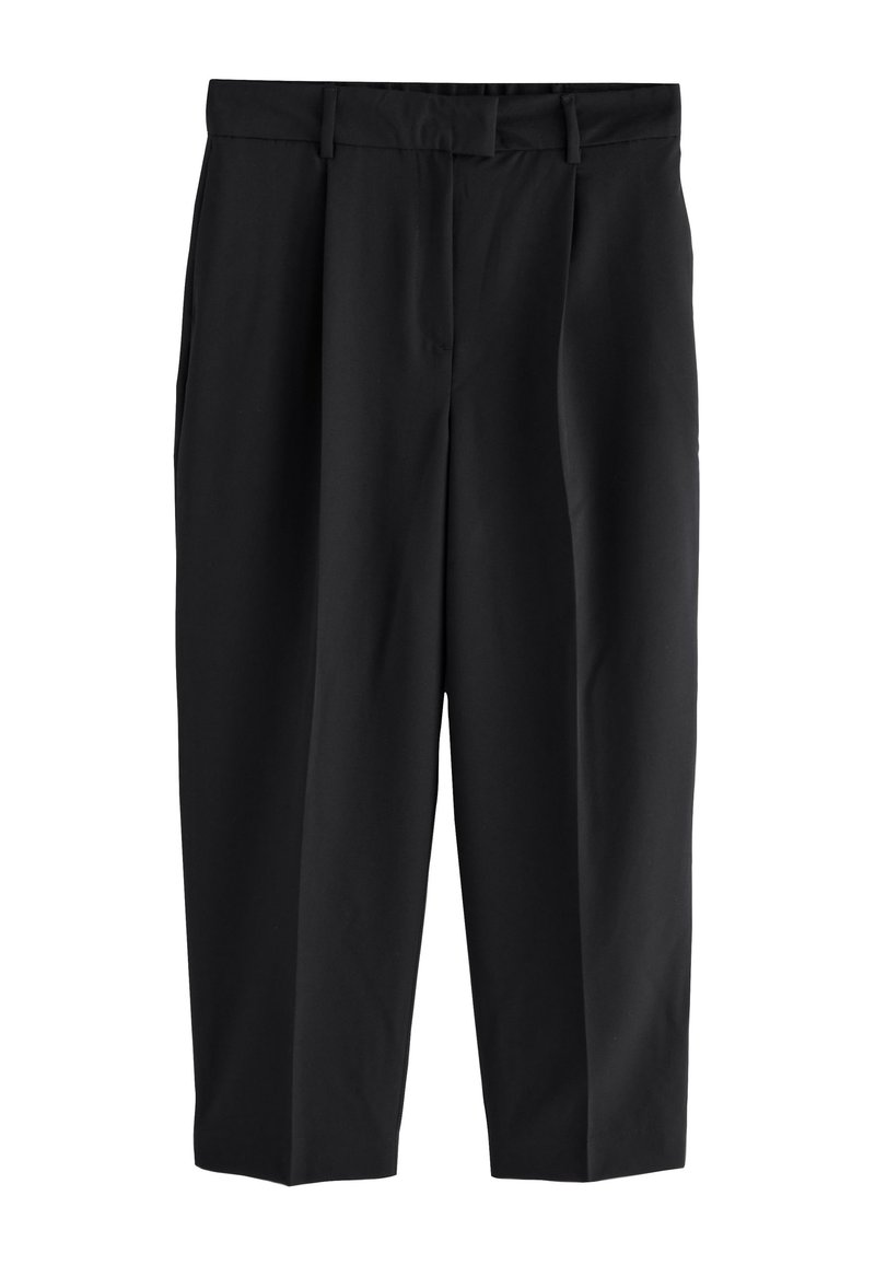 Pantalon noir avec une coupe ajustée, des plis et des poches latérales. Confectionné dans un tissu lisse avec une coupe droite.
