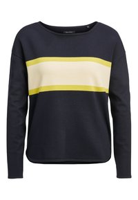 Maglione a maglia blu navy con scollo rotondo, caratterizzato da strisce orizzontali bianche e gialle sul petto. Maniche lunghe, vestibilità comoda.