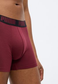 Bordo bokseri ar melnu elastīgu vidukli, uz kura ir sarkanais "PUMA" zīmols. Mīksts audums, pieguļoša forma un vidēja garuma griezums.