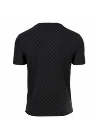 Zwart T-shirt met korte mouwen en een subtiel herhalend cirkelvormig geometrisch patroon, van de achterkant getoond op een witte achtergrond.