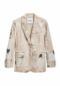 Beige blazer with mixed prints, featuring two front pockets and button closure. Made of fabric with smooth texture and artistic details.