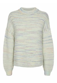 Ljus pastelltröja i en texturerad stickning med varierade ränder av blått, rosa och krämfärgat. Har rund halsringning och ribbad mudd.