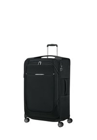 Valise à roues noires avec un extérieur en tissu texturé, double fermeture éclair, poche avant et poignée rétractable pour un transport facile.