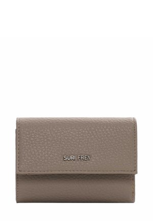 Grey leather wallet with a textured finish and a fold-over design. Features a metallic logo on the front and straightforward construction.