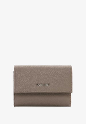 Grey leather wallet with a textured finish and a fold-over design. Features a metallic logo on the front and straightforward construction.