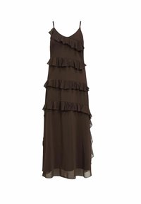 Robe maxi marron avec bretelles fines, ornée de volants superposés sur le buste et la jupe, fabriquée en tissu léger et transparent.