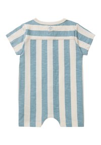 Blauwe en witte gestreepte short-sleeve romper, gemaakt van zacht materiaal. Heeft een ronde halslijn en een logo label op de achterkant. De shorts hebben beenopeningen.