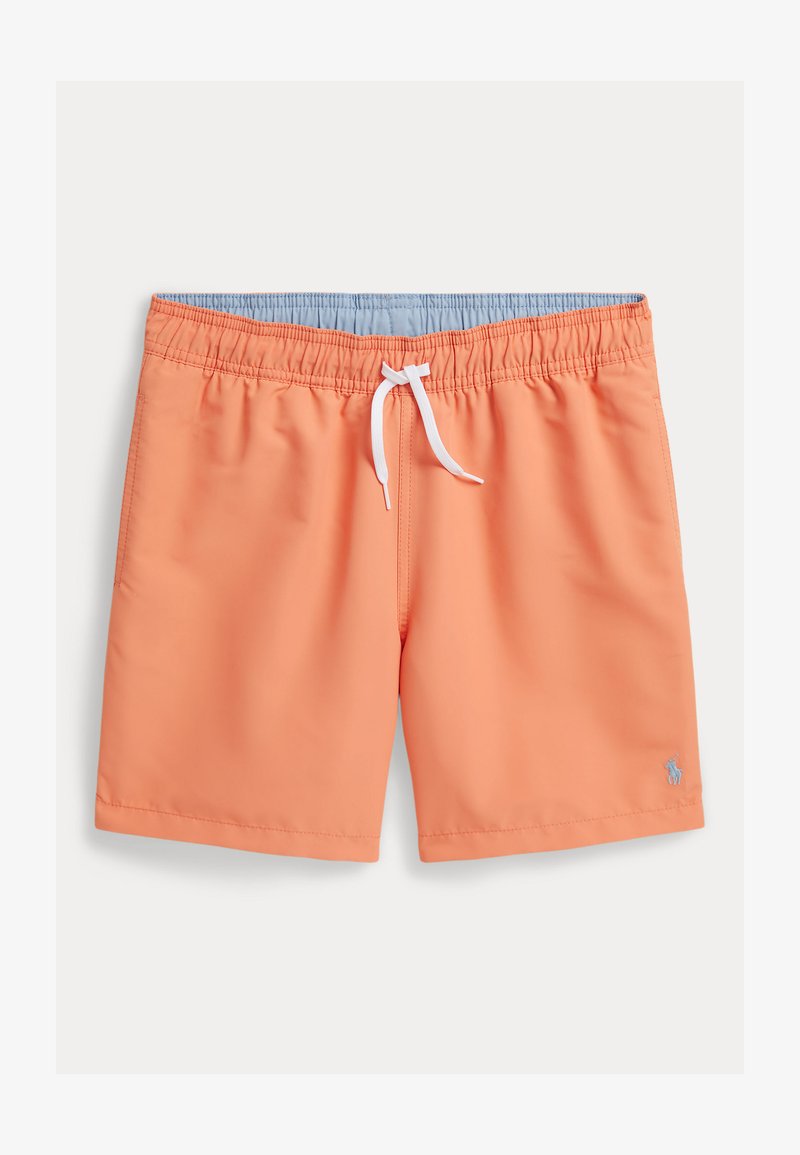 Bañador coral para hombre con cintura elástica, cordón blanco, bolsillos laterales y pequeño logo azul bordado en la pierna izquierda.