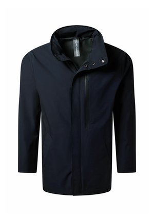 Heren donkerblauwe waterdichte jas met opstaande kraag, ritssluiting met drukknopen en verticale borstzak met rits.