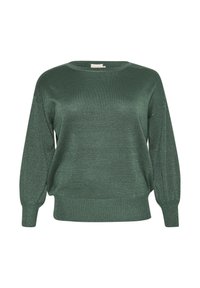 Groene, geribde trui van breiwerk met een ontspannen pasvorm, ronde halslijn en ballonmouwen. Gestructureerde, licht glanzende stof voegt detail toe.