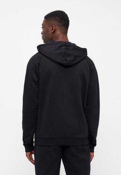 Black hooded sweatshirt with a smooth texture, raglan sleeves, and ribbed cuffs. Features a contoured hood. Back view shown.