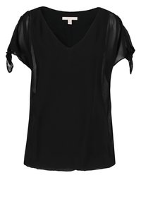 Blusa negra de manga corta con escote en V. Hecha de tela ligera y transparente. Con mangas fruncidas atadas en los puños.