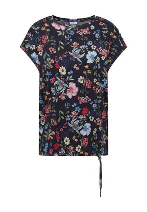Marineblå kortærmet top med flerfarvet blomsterprint og justerbar snøre ved kanten, rund halsudskæring og rynkede skuldre.