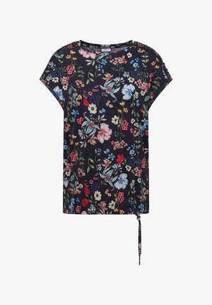 Marineblaues Kurzarm-Top mit mehrfarbigem Blumenprint und verstellbarem Kordelzug am Saum, Rundhalsausschnitt und gerafften Schultern.