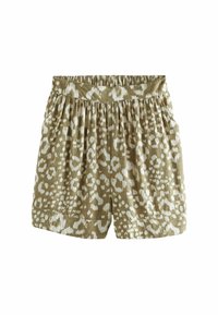 Shorts marron avec un motif léopard blanc. Dispose d'une taille élastique et d'un design ample et froncé pour le confort.
