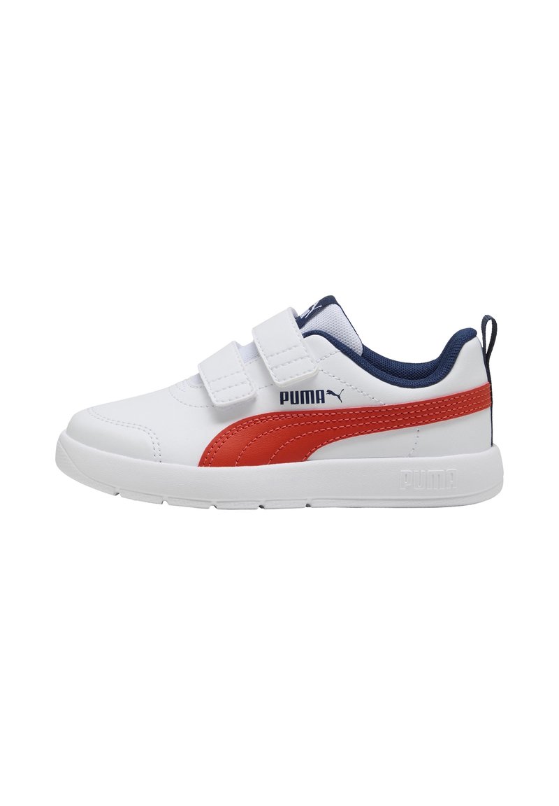 Sneaker bianca con accenti rossi e profili blu navy, caratterizzata da una tomaia sintetica liscia, due cinturini a strappo e una suola testa di moro.