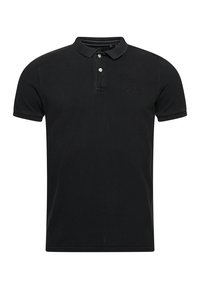 Polo nero realizzato in tessuto strutturato, con colletto, patta con due bottoni e logo discreto sul lato sinistro del petto.