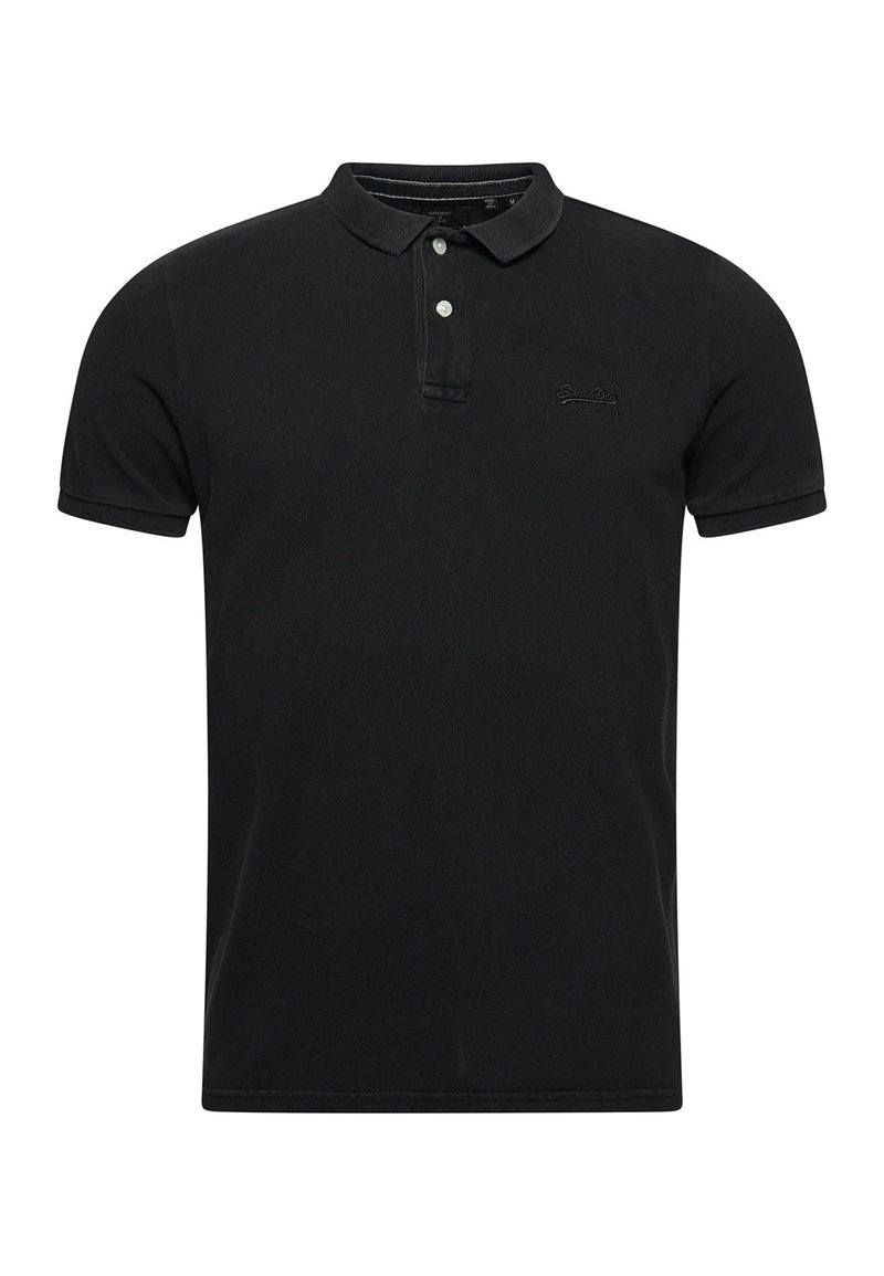 Polo nero realizzato in tessuto strutturato, con colletto, patta con due bottoni e logo discreto sul lato sinistro del petto.