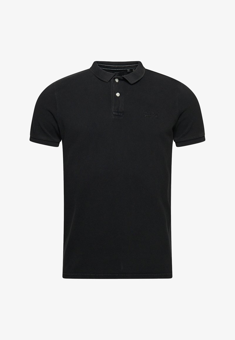 Polo nero realizzato in tessuto strutturato, con colletto, patta con due bottoni e logo discreto sul lato sinistro del petto.