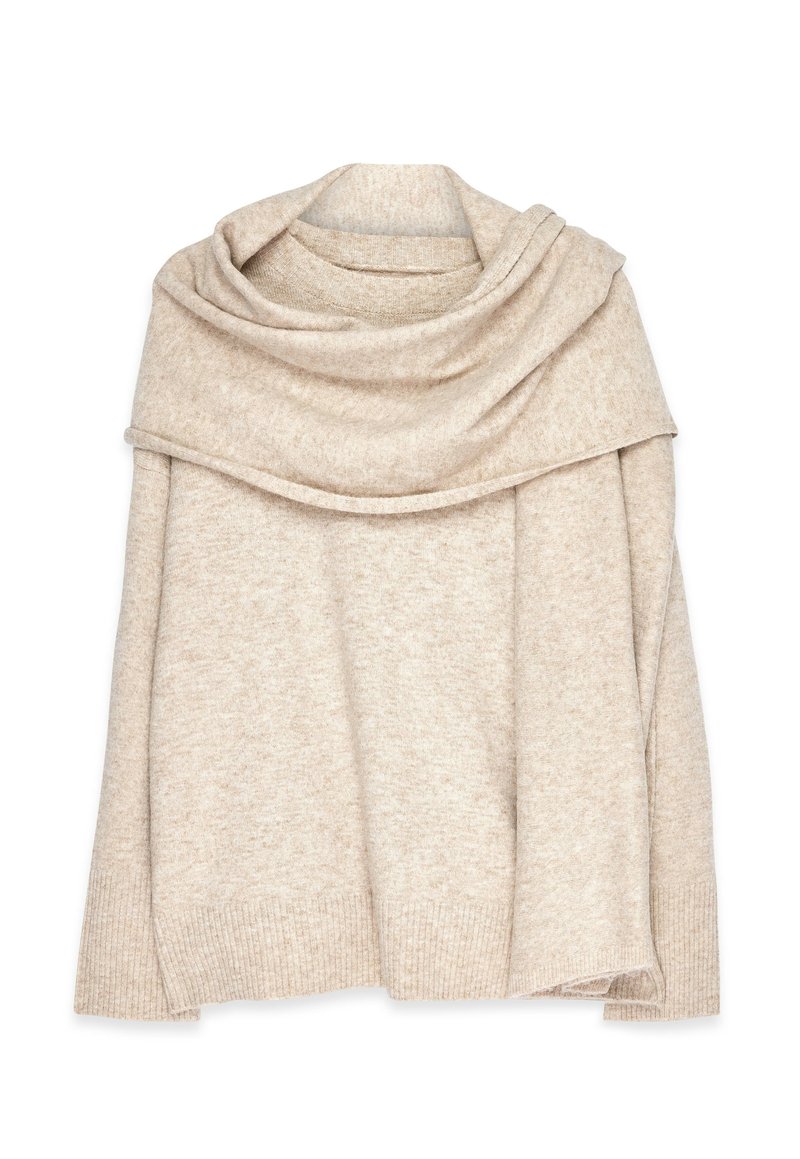 Beige, gebreide sjaal met een gedrapeerde kraag. Zachte textuur, geribbelde zoom en een losse pasvorm. Geen patronen of hardware aanwezig.