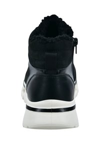 Black ankle-height sneaker with a plush black collar, smooth synthetic leather, white sole, and contrasting black stripe detail.