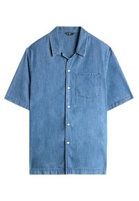 Maglietta in denim a maniche corte di colore azzurro chiaro, con colletto a punta, tasca sul petto e chiusura frontale con bottoni. Tessuto liscio e strutturato.