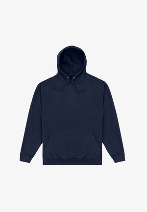 Felpa con cappuccio blu navy con tasca a marsupio frontale, maniche lunghe e cappuccio con coulisse regolabile, mostrata su sfondo bianco.