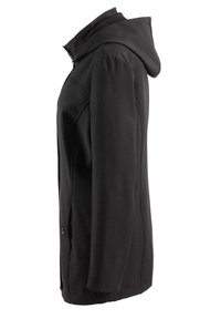 Zwarte hoodie gemaakt van soepel, rekbaar materiaal. Heeft een gestroomlijnd ontwerp, zijzakken en een knoopsluiting.