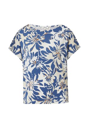 Haut fleuri avec une coupe ample, des manches larges, et un fond crème orné de motifs floraux bleus et bruns. Tissu doux et respirant.