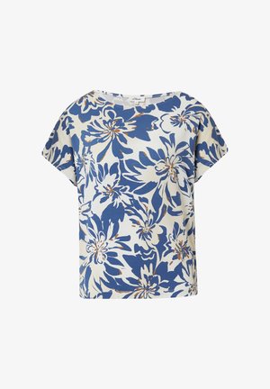 Top floreale caratterizzato da una vestibilità ampia, maniche larghe e uno sfondo crema con motivi floreali blu e marroni. Tessuto morbido e traspirante.