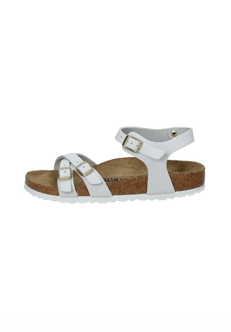 Sandalo bianco con due cinturini regolabili con fibbie dorate, soletta in sughero e suola in gomma texturizzata. Design classico con punta aperta.