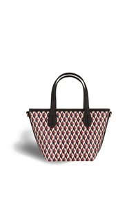 Tote taske med et geometrisk mønster i pink, sort og creme. Den har sorte læderhåndtag og detaljer, samt en struktureret, bred form.