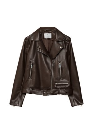 Dark brown leather biker jacket with asymmetrical zipper, three zippered pockets, snap collar, and adjustable belt at hem.