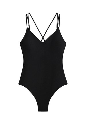 Zwarte eendelige badpak met een V-hals en verstelbare kruislingse bandjes. Soepele stof en een hoog uitgesneden beenlijn. Geen zichtbare patronen of versieringen.